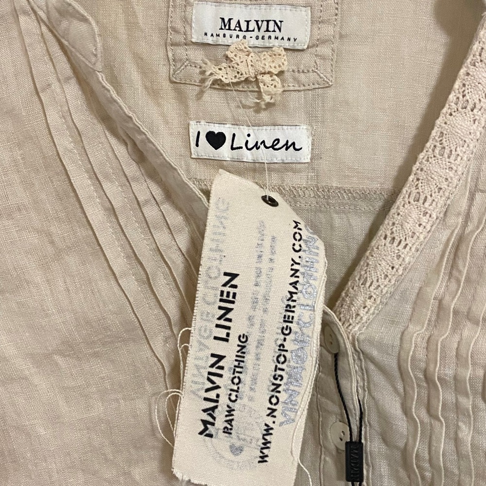 Malvin Linen Lagenlook Blouse Womens XL Beige Pintuck Lace Henley 3/4 Sleeve - Picture 4 of 7